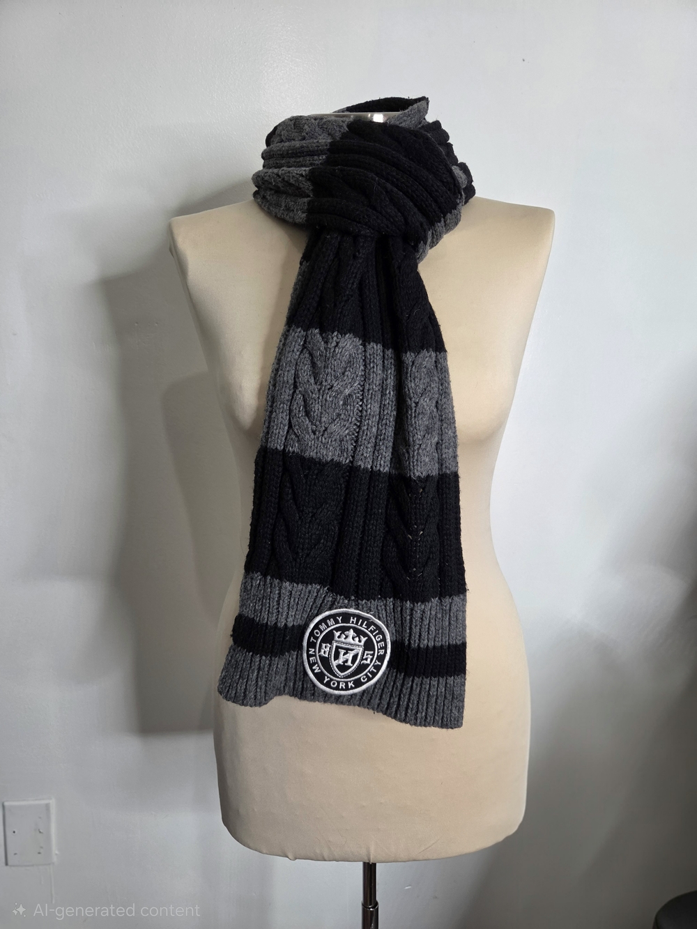 Tommy Hilfiger Wool Blend Cable Knit Scarf Black Grey Stripe Crest 8.25x86"